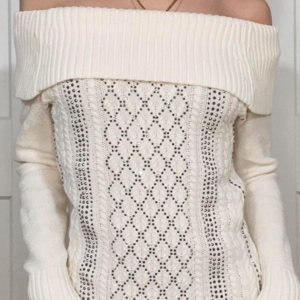 Bebe Cable Knit Off the Shoulder Dress w Embellishment Beads in Gunmetal, NWOT